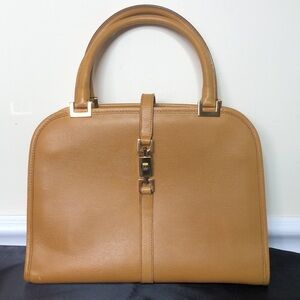 GUCCI Tan Leather Jackie Push Lock Dual Zipper Rolled Handle Bag MINT CONDITION